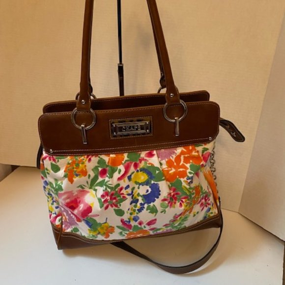 Champs Handbags - CHAPS BOWN FAUX LEATHER FLORAL FABRIC SHOULDER BAG